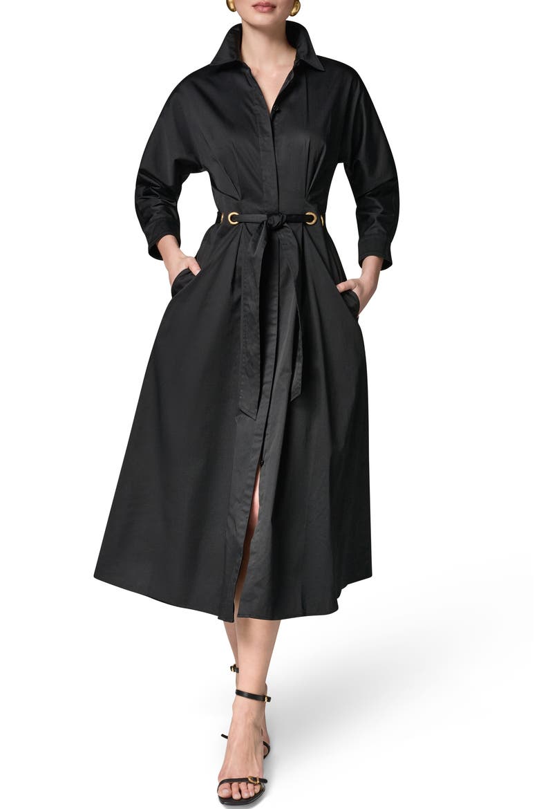 Drawstring Waist Stretch Cotton Midi Shirtdress, Main, color, BLACK