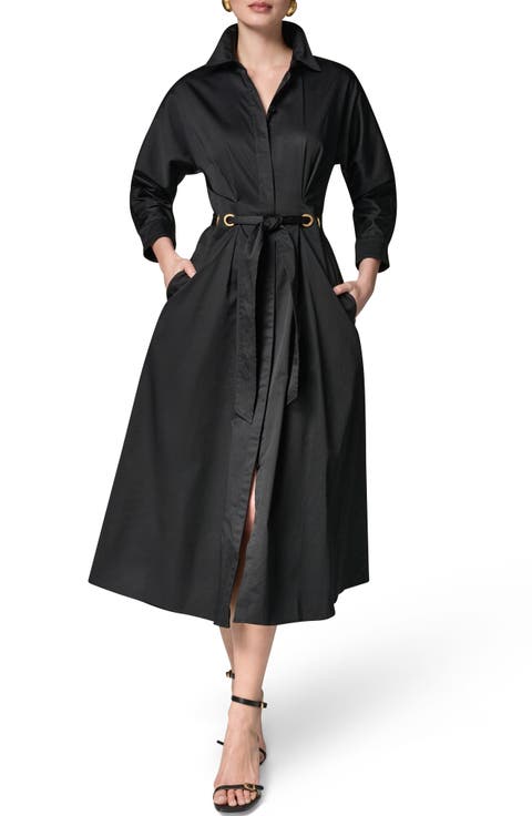 Drawstring Waist Stretch Cotton Midi Shirtdress