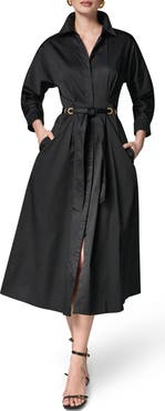 Donna Karan New York Drawstring Waist Stretch Cotton Midi Shirtdress
