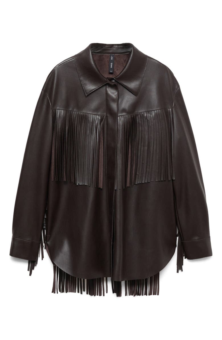 MANGO Oversize Fringe Trim Faux Leather Overshirt, Alternate, color, 