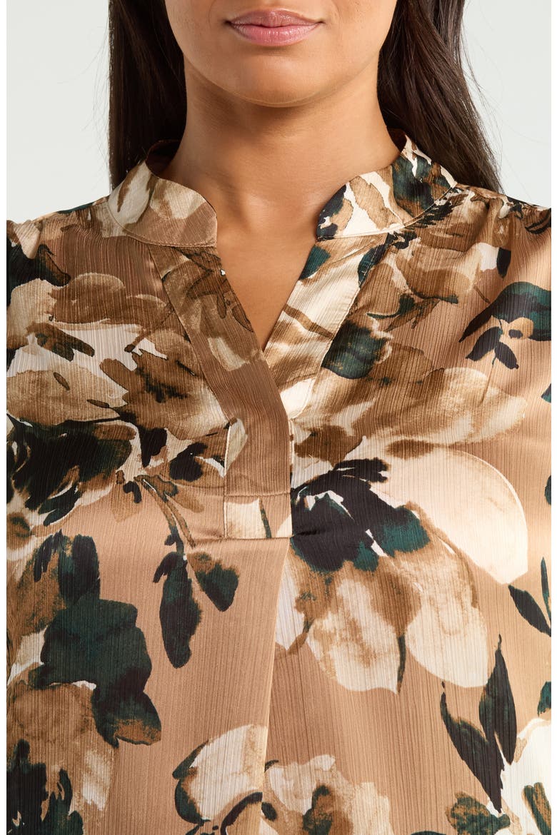 Pleated Front V-Neck Long Sleeve Top, Alternate, color, LIGHT COFFEE MULTI