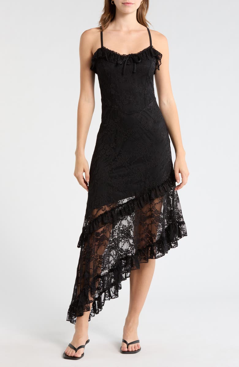 Madden Girl Ruffle Neck Asymmetrical Hem Maxi Dress, Main, color, 