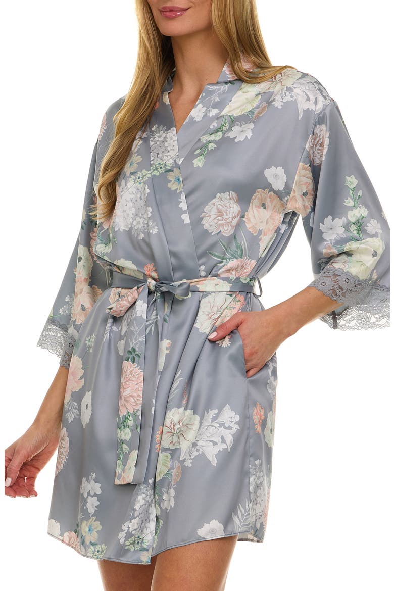 Sabrina Floral Print Satin Short Pajamas & Robe Set, Alternate, color, COOL GREY