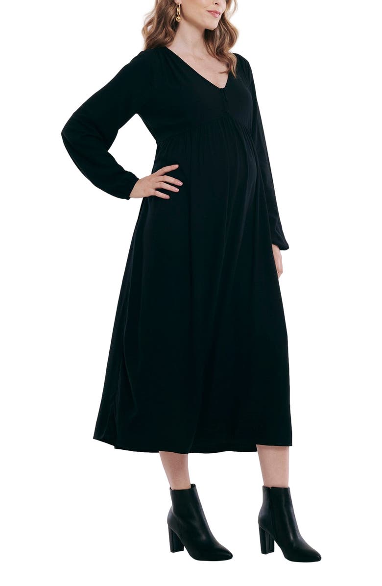 MOTHERHOOD MATERNITY Long Sleeve Button Front Maternity Midi Dress, Alternate, color, Black