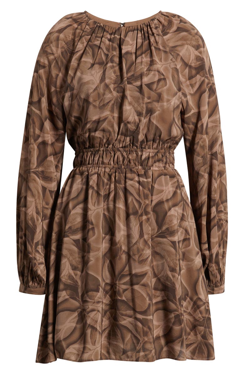 Nordstrom Shirred Waist Long Sleeve Minidress, Alternate, color, Brown- Tan Glowing Leaves
