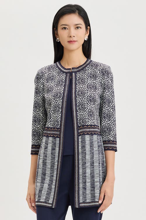 Ming Wang Multi Pattern Jacquard Knit Jacket In Blue