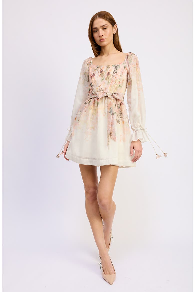 Floral Print Tie Waist Long Sleeve Chiffon Minidress, Alternate, color, IVORY BLUSH ORCHID