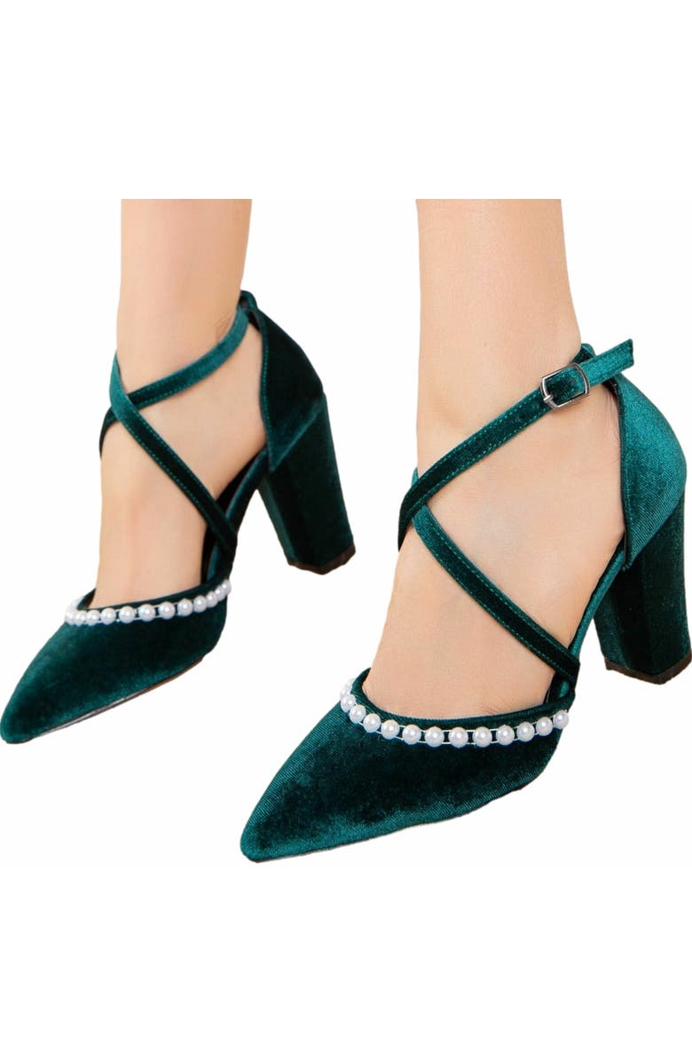 Forever & Always Shoes Sina Criss Cross Heels with Pearls, Alternate, color, Emerald Green W/ Pearls