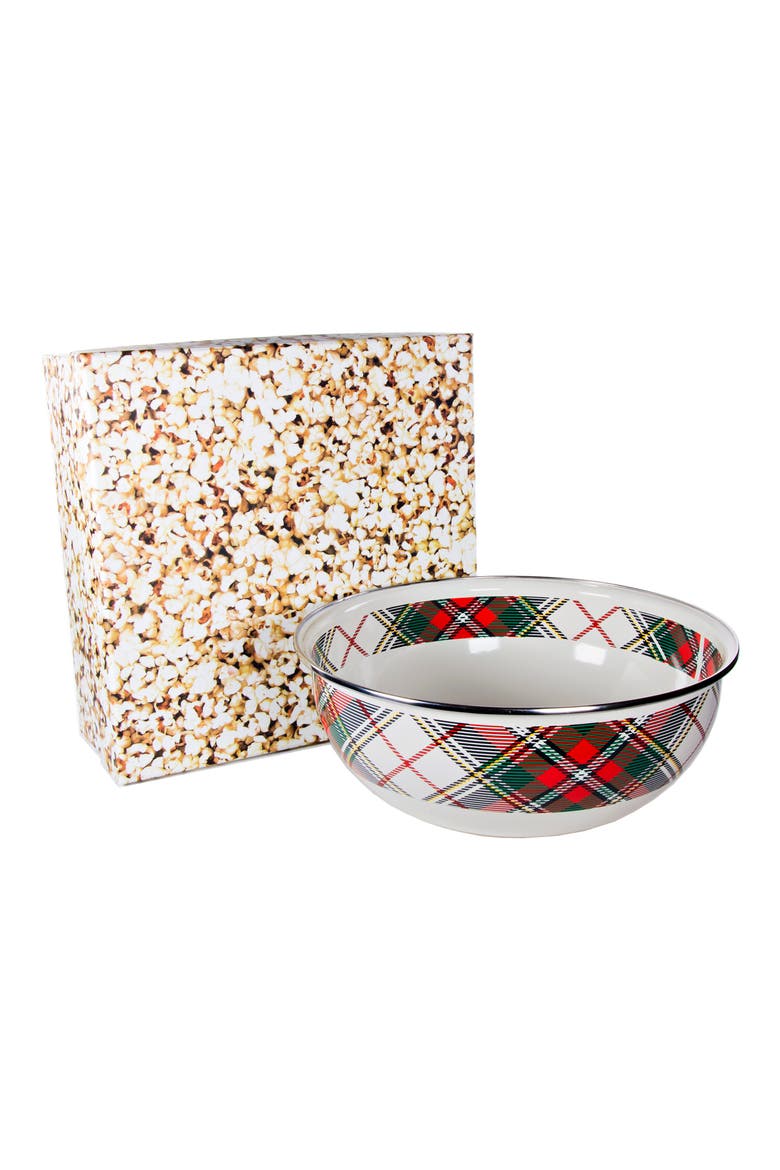 Enamelware Highland Plaid Popcorn Bowl, Main, color, WHITE