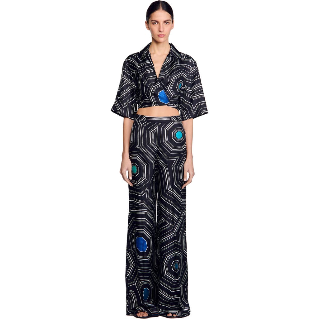 Sandro Spiral Motif Silk Shirt In Black