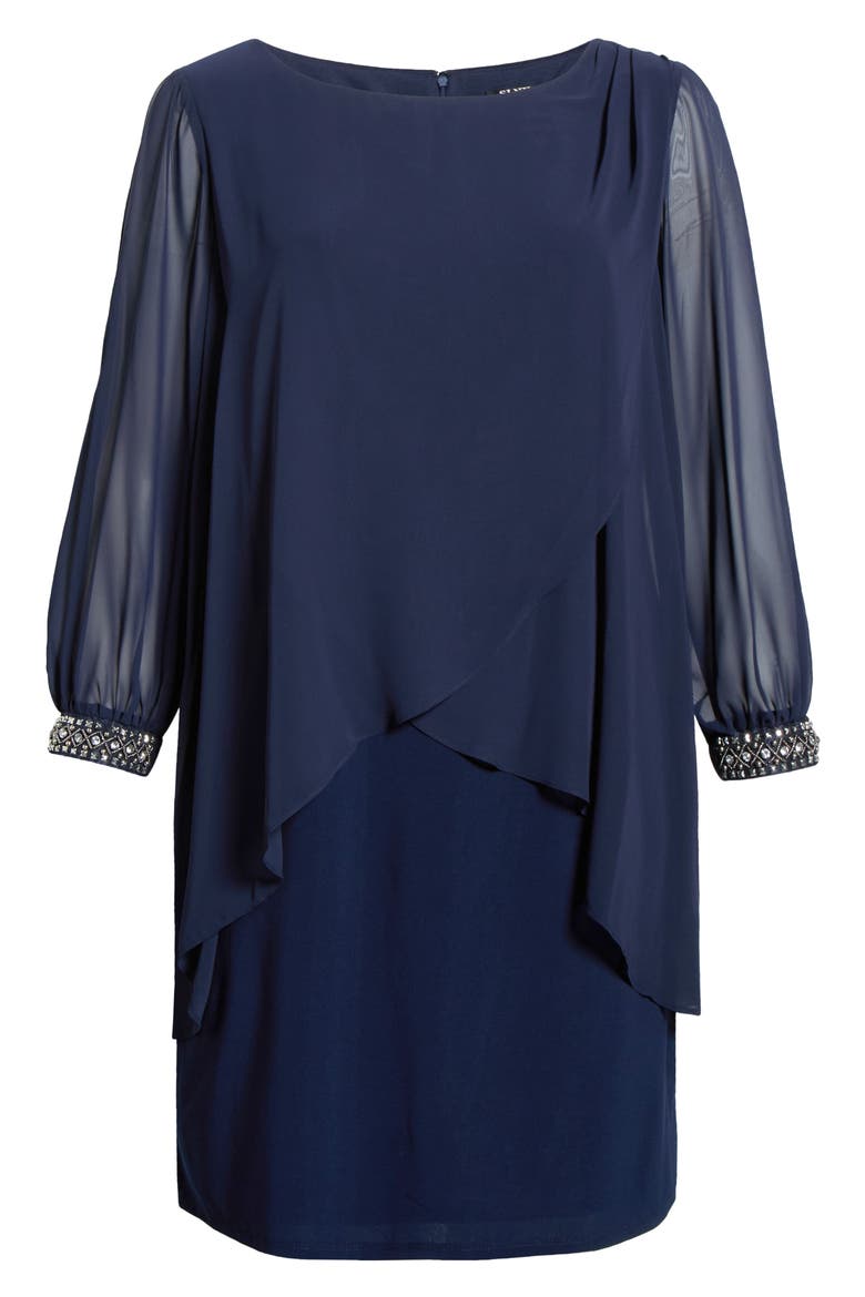 Beaded Overlay Long Sleeve Chiffon Cocktail Dress, Alternate, color, NAVY