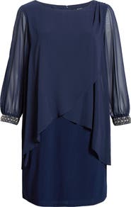 SL FASHIONS Beaded Overlay Long Sleeve Chiffon Cocktail Dress