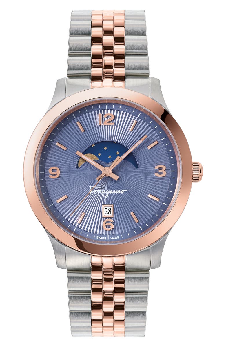 FERRAGAMO Duo Moon Phase Bracelet Watch, 40mm x 8.5mm, Main, color, Ip Rose Gold/ Stainless Steel