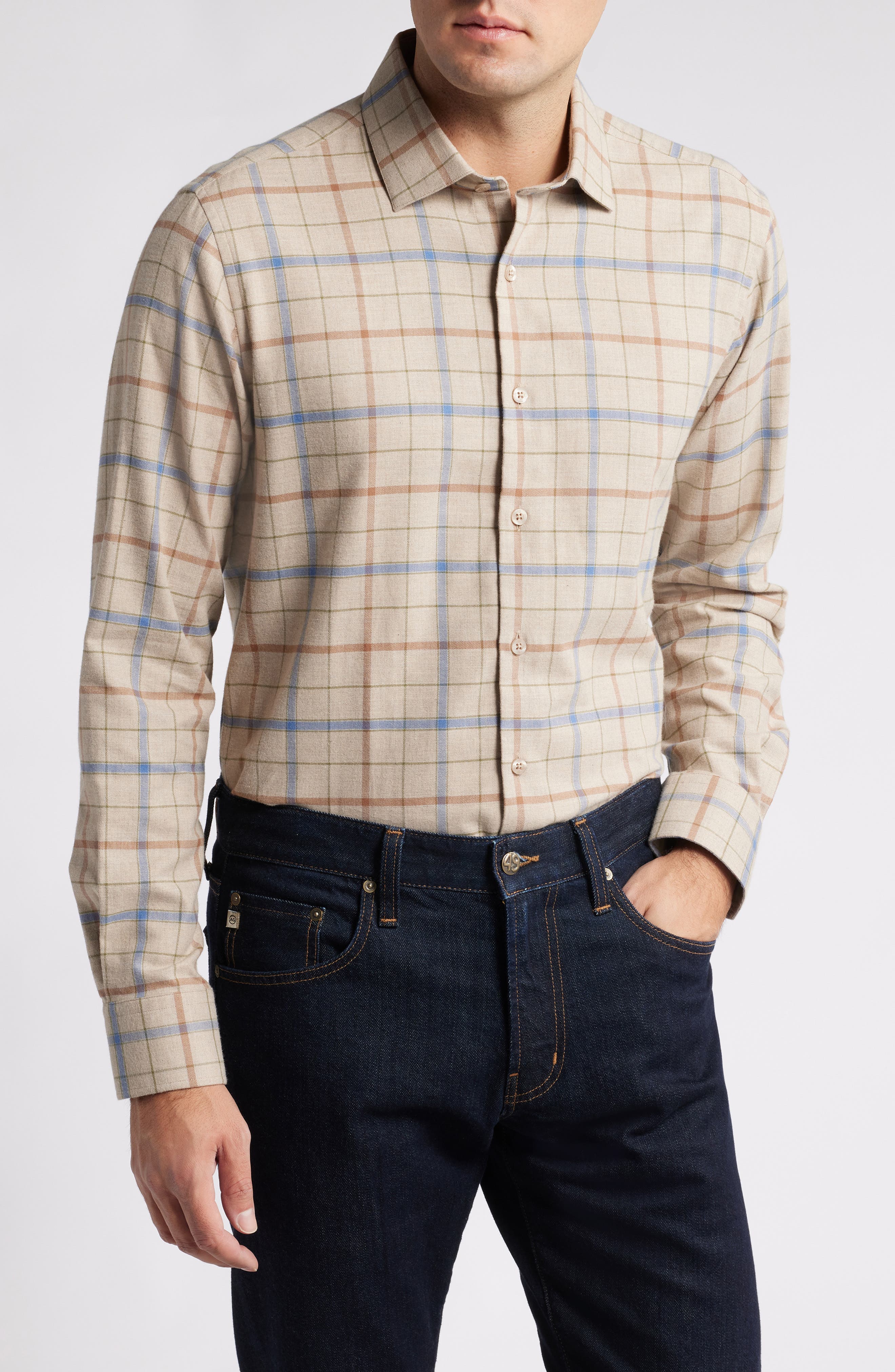 Scott Barber Mélange Exploded Tattersall Flannel Button-Up Shirt in Khaki Heather 