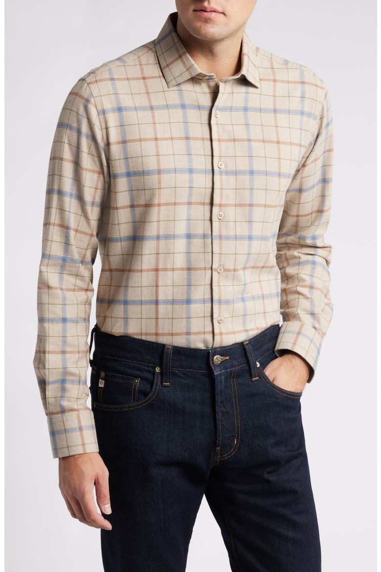 Mélange Exploded Tattersall Flannel Button-Up Shirt, Main, color, KHAKI HEATHER