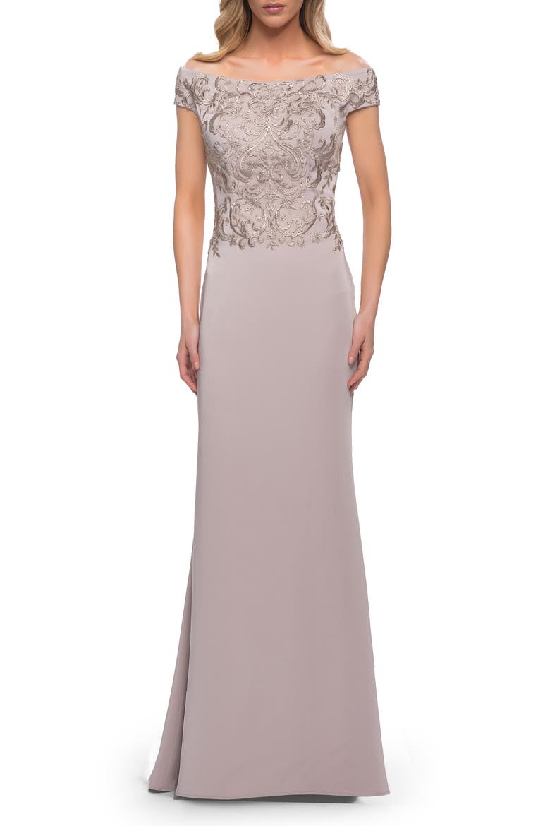 Chic Satin Gown with Lace Off the Shoulder Top, Main, color, Light Taupe