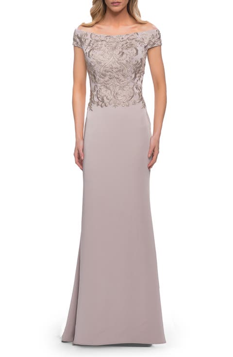 Chic Satin Gown with Lace Off the Shoulder Top