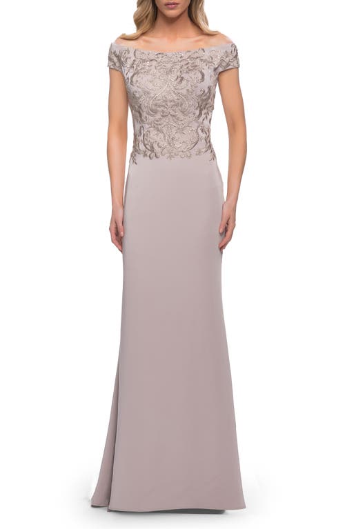 La Femme Lace Off The Shoulder Top Chic Satin Gown In Light Taupe