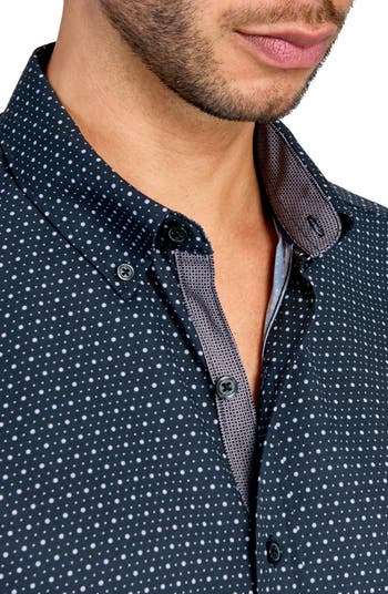 Slim Fit Micro Dot 4-Way Stretch Short Sleeve Button-Up Shirt