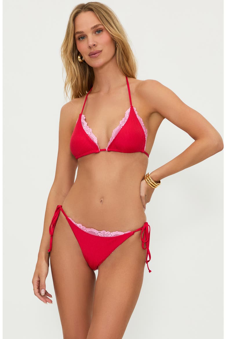 Soleil Rib Lace Trim Side Tie Bikini Bottoms, Alternate, color, HOLLY JOLLY