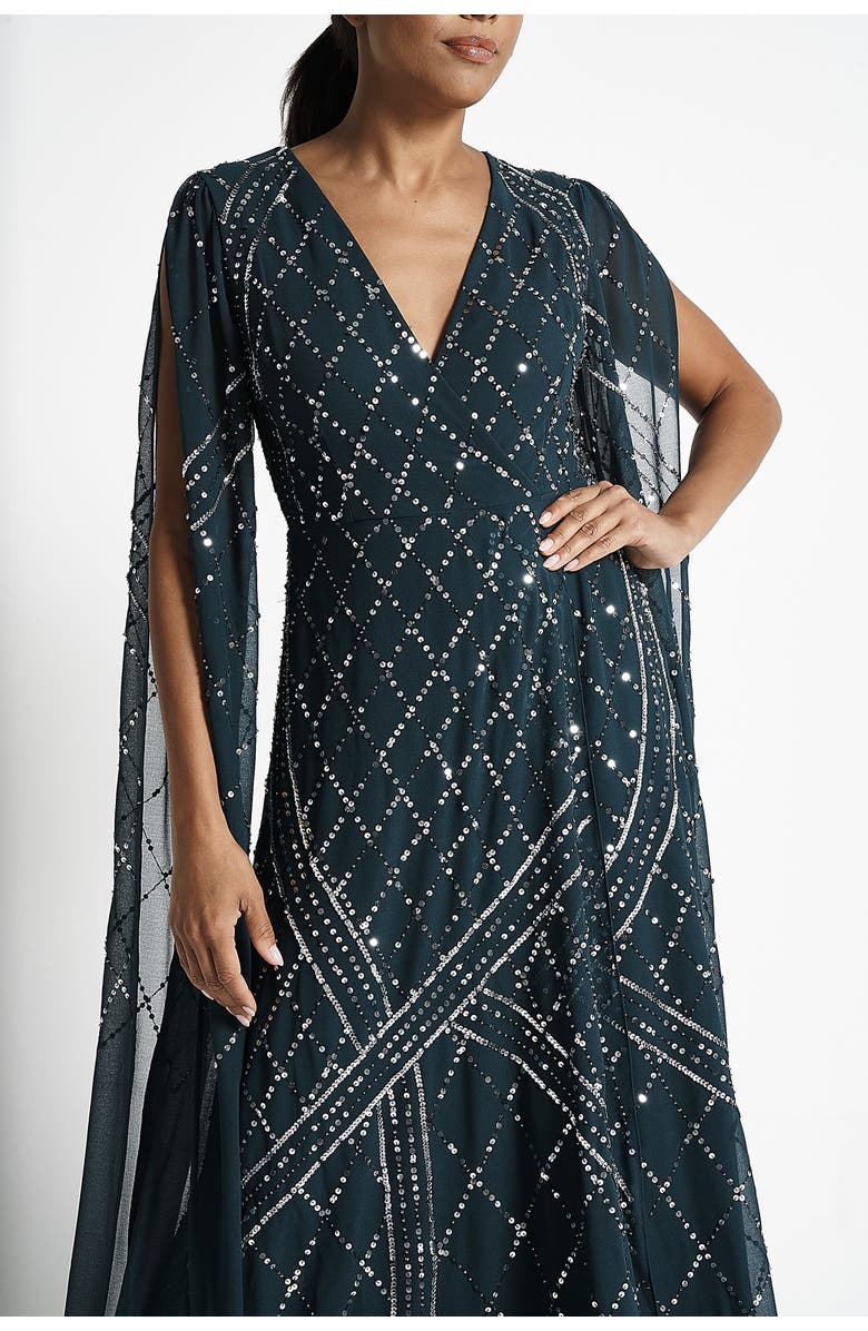 Frock and Frill Cape Sleeve Maxi Gown with Tonal Embellishment, Alternate, color, 