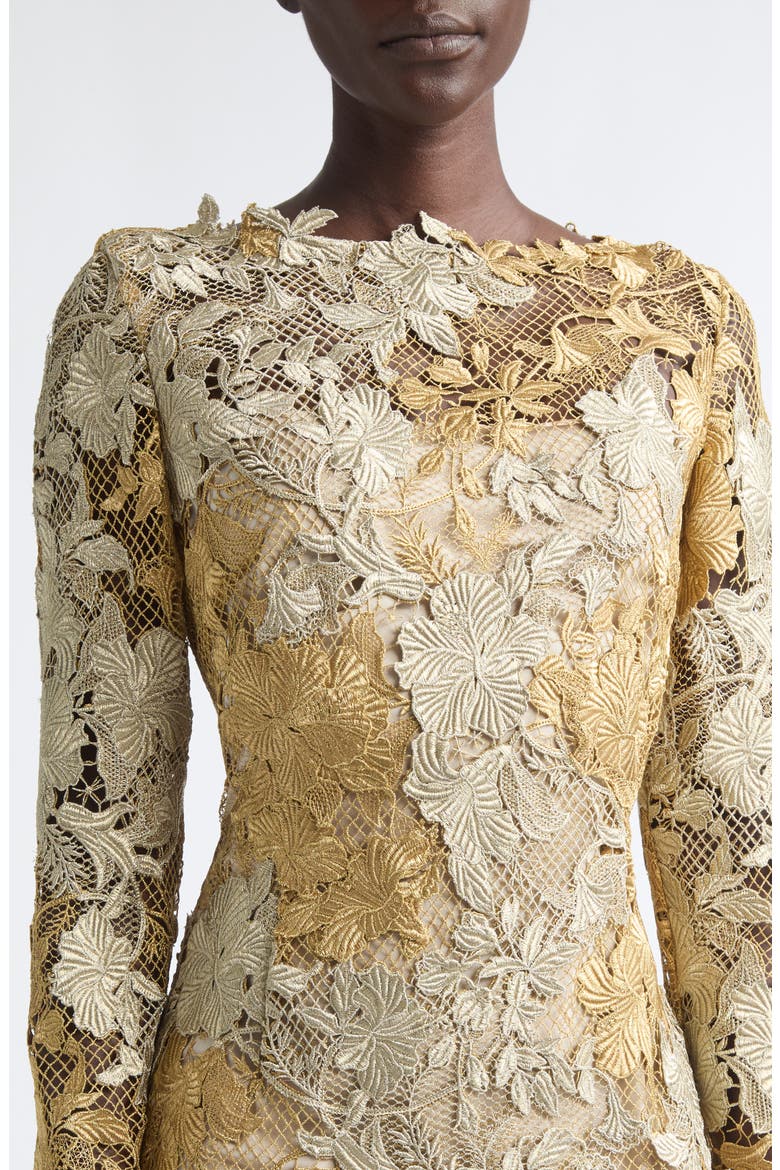 Hibiscus Metallic Long Sleeve Guipure Lace Gown, Alternate, color, GOLD/ WHITE GOLD