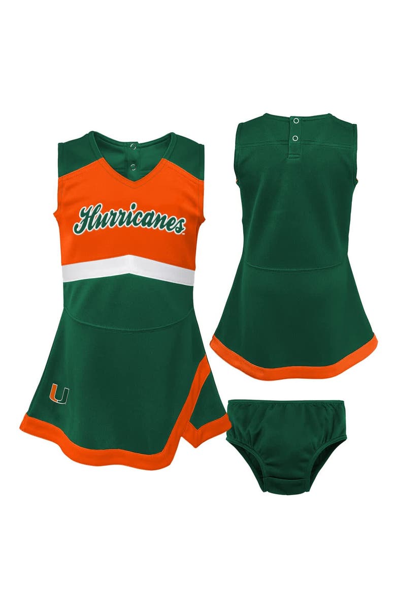 Outerstuff Girls Preschool Green Miami Hurricanes Two-Piece Cheer Captain Jumper Dress & Bloomers Set, Main, color, Green