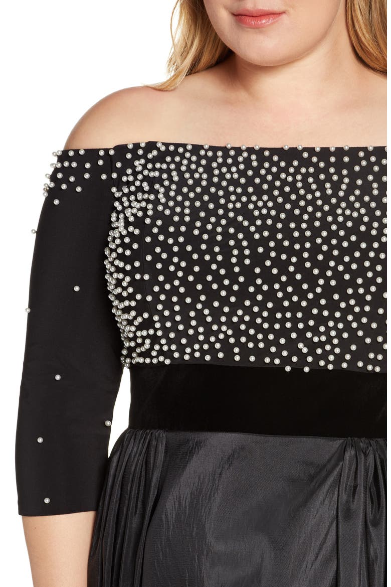 Imitation Pearl Beaded Off the Shoulder Ballgown, Alternate, color, BLACK