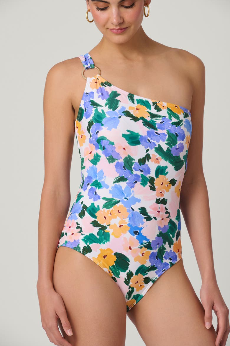 Oleander Bouquet Print Ring One Shoulder One-Piece, Alternate, color, Multi