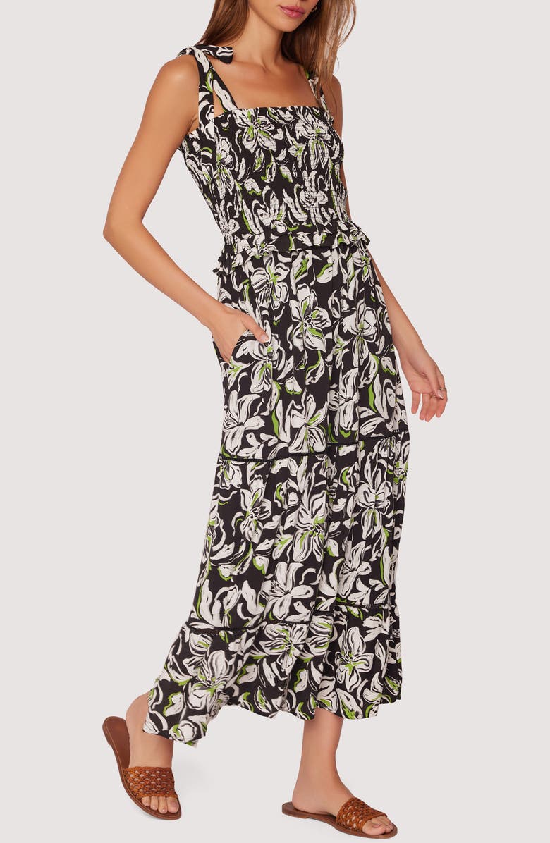 Lost + Wander Midnight Flora Smocked Maxi Dress, Alternate, color, Black White