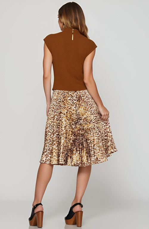 Modenaire Animal Print Pleated Midi Dress In Brown