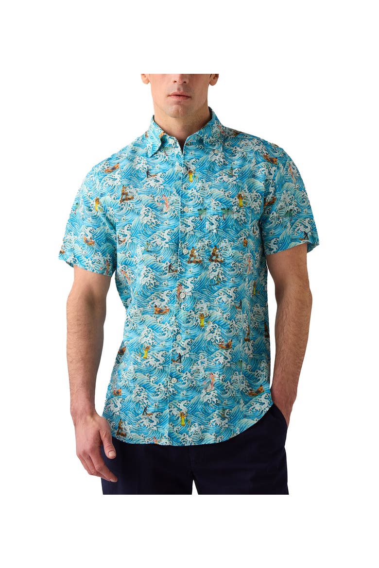 Morgan Surf Printed Linen Short Sleeve Shirt, Main, color, Blue Waves
