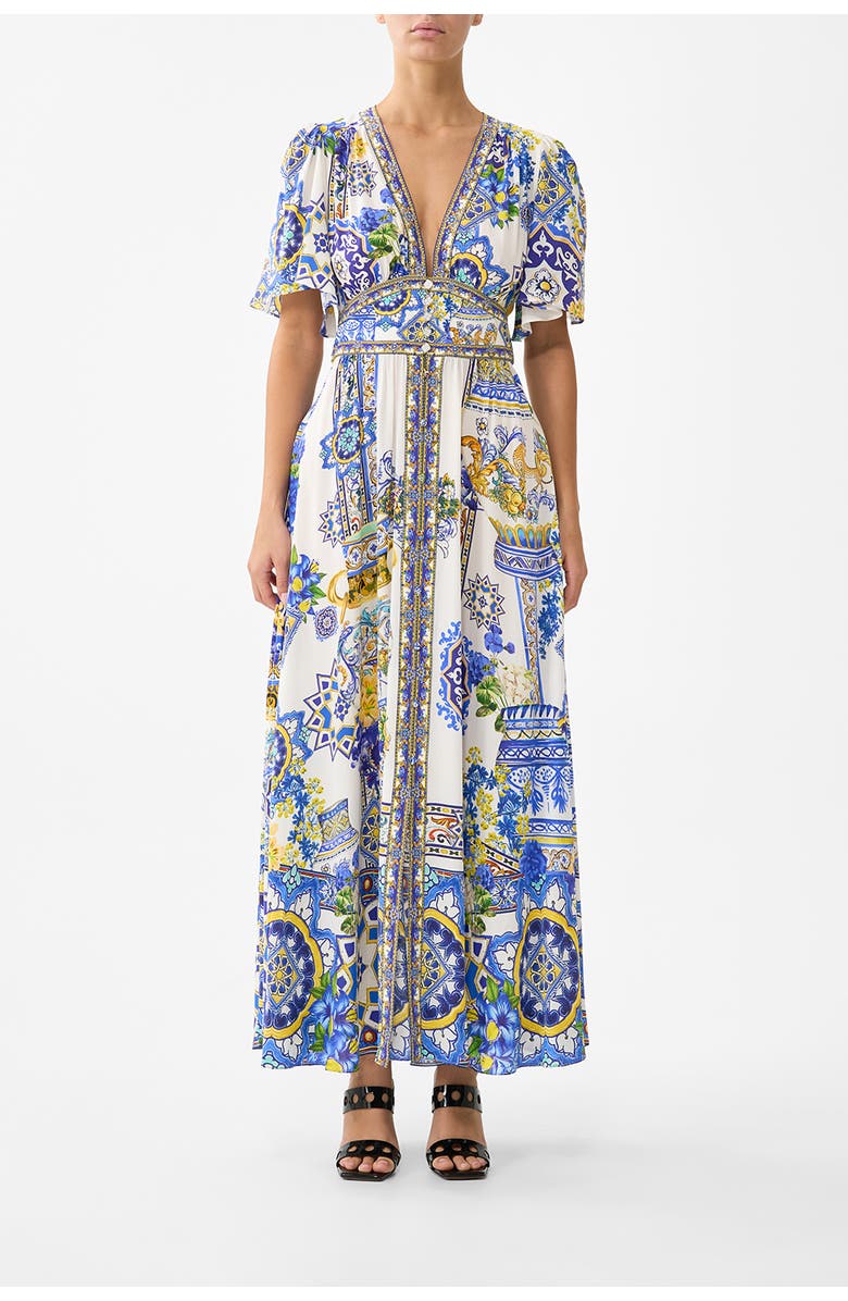 Camilla Shaped Waistband Dress With Flutter Sleeves, Main, color, España Nirvana