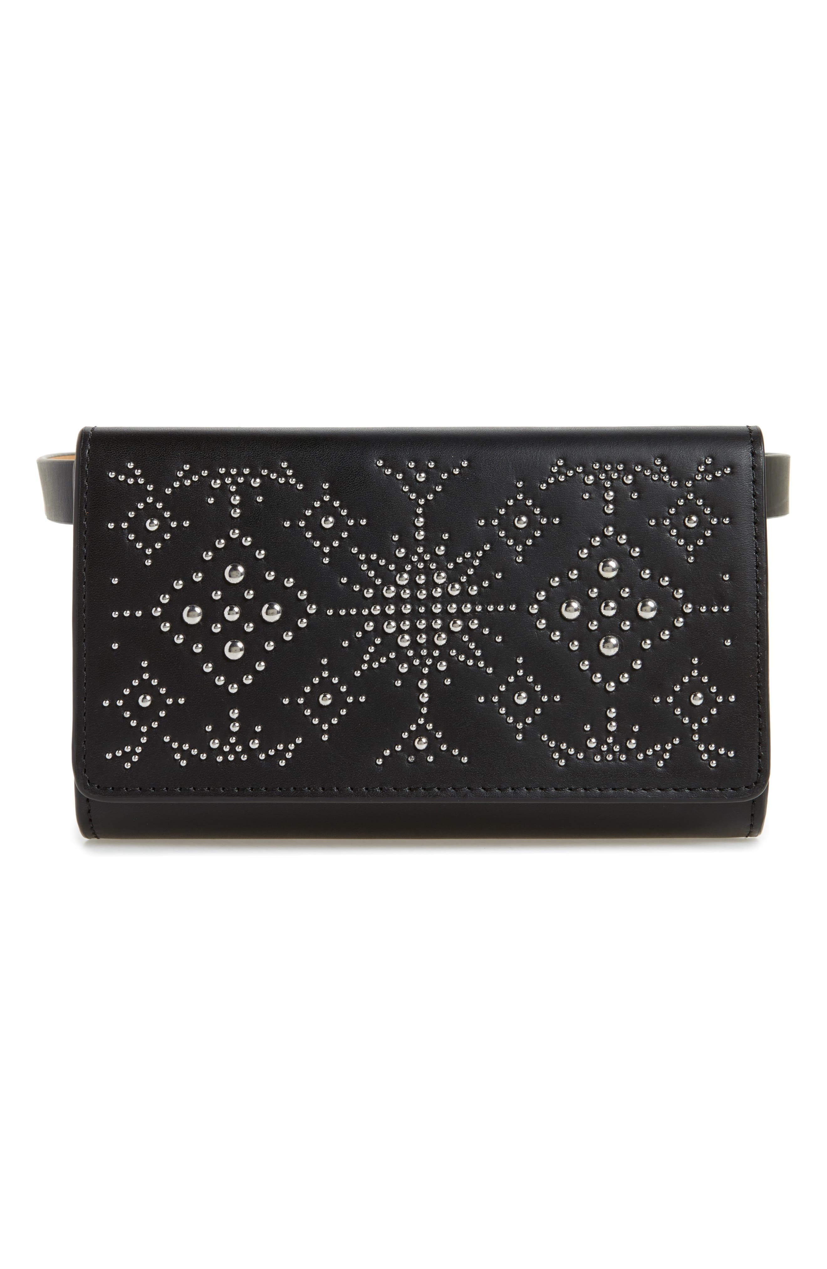 Erin Studded Calfskin Leather Belt Bag, Main, color, BLACK