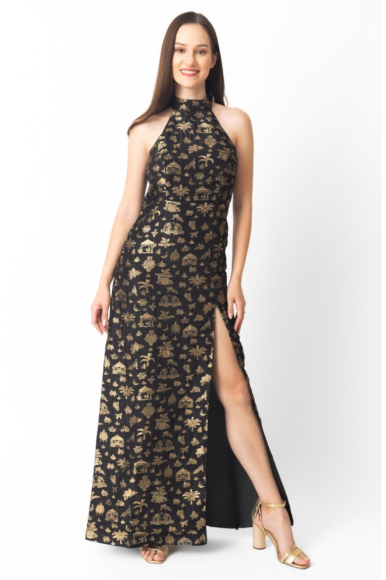 Leontine Halter Brocade Gown, Main, color, Black