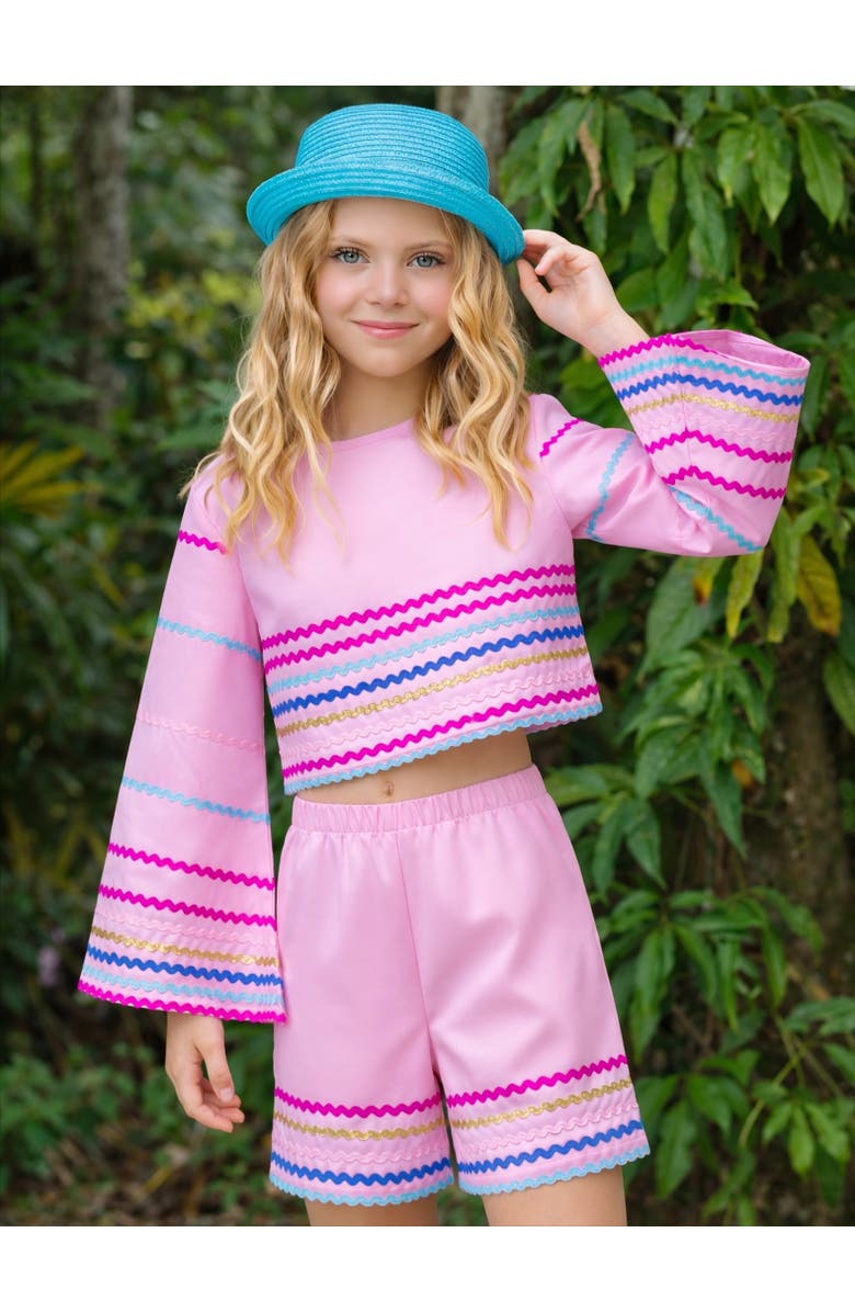 Mia Belle Girls Sunset Waves Cotton Bell Sleeve Top and Short Set, Alternate, color, Pink