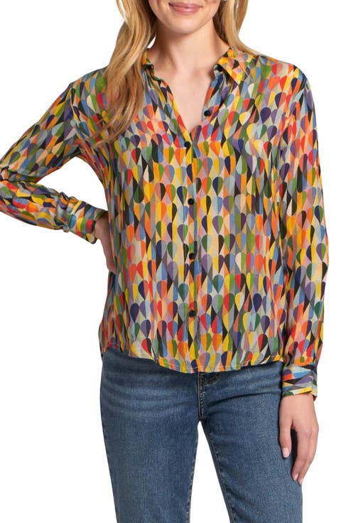 Abstract Print Roll Tab Sleeve Chiffon Button-Up Shirt
