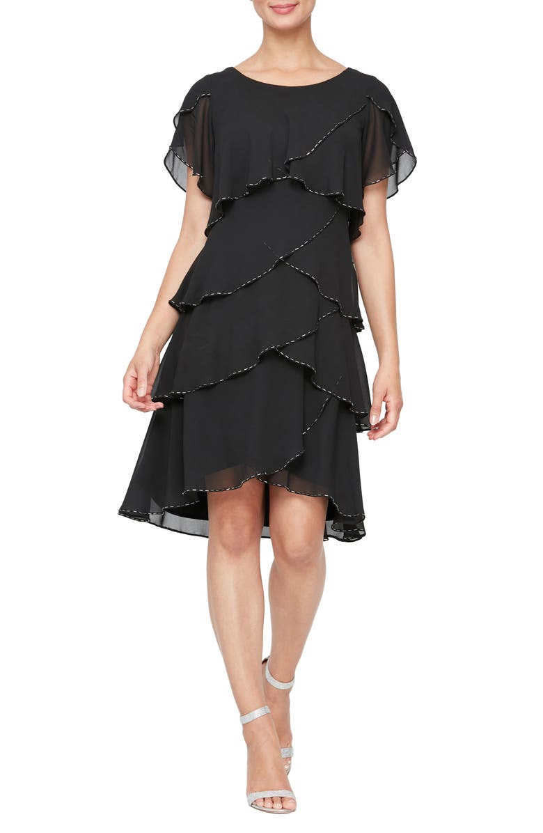 SL FASHIONS Bugle Bead Flutter Sleeve Tiered Chiffon Cocktail Dress, Main, color, 