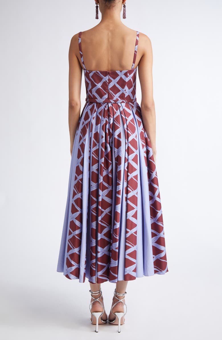 Oscar de la Renta Wavy Plaid Stretch Cotton Bustier Dress, Alternate, color, Burgundy/ Blue