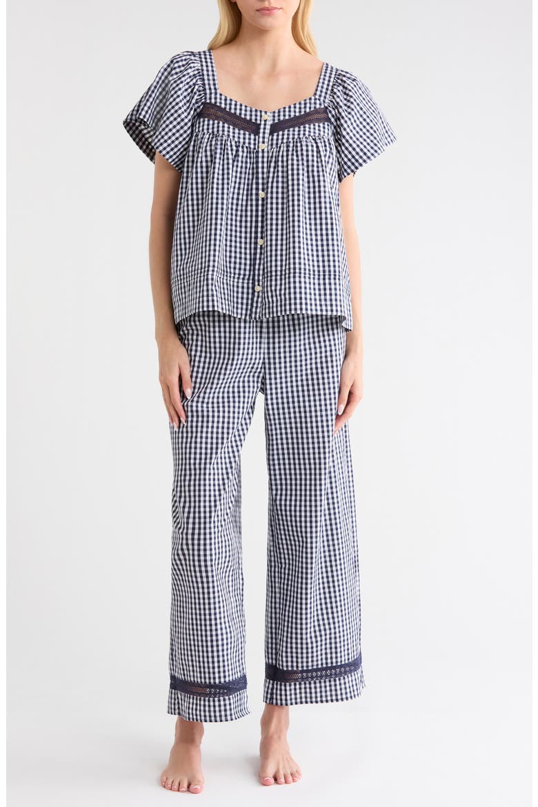 Lace Trim Cotton Poplin Pajamas, Main, color, NAVY PETITE GINGHAM