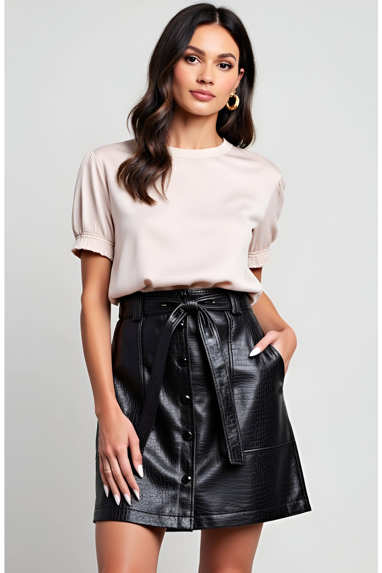 Belted Faux Leather Mini Skirt with Patch Pockets and Front Button, Alternate, color, Black