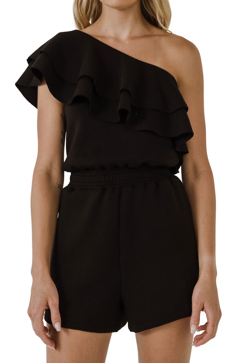 One-Shoulder Ruffle Romper, Alternate, color, BLACK