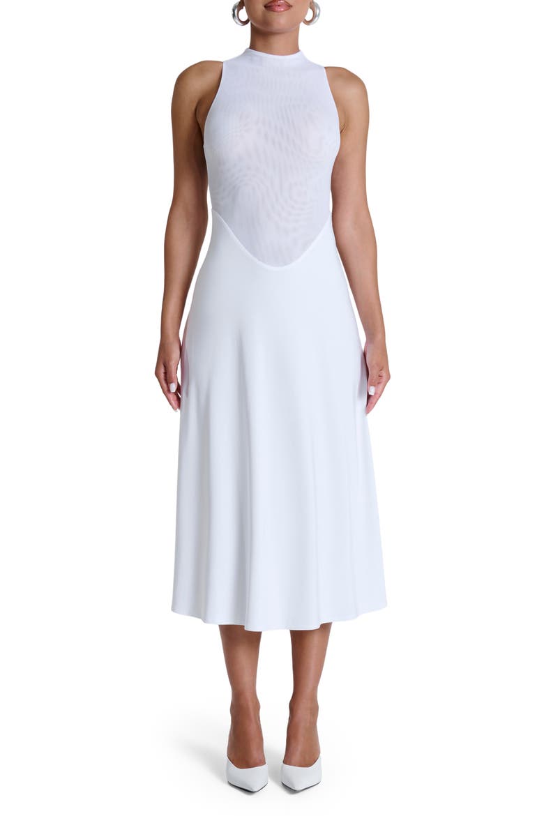 Hourglass Sleeveless Sheer Bodice Midi Dress, Main, color, WHITE