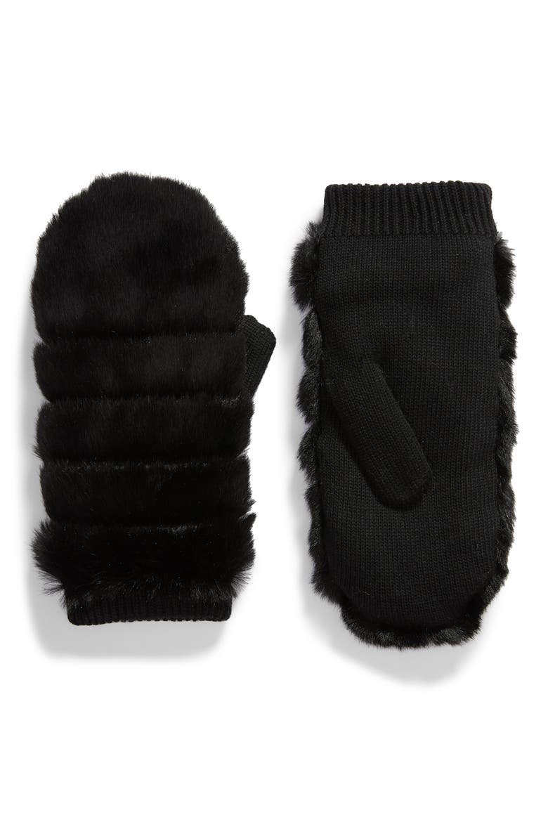 Faux Fur Mittens, Main, color, BLACK