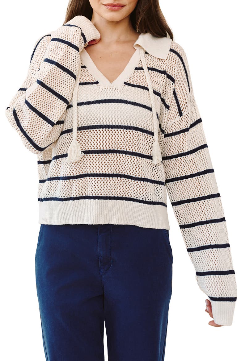 Tassel Tie Cotton Mesh Stitch Sweater, Main, color, INK STRIPE