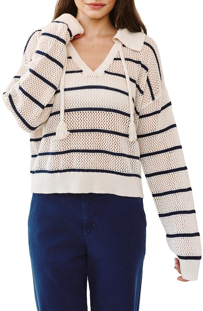 Bella Dahl Tassel Tie Cotton Mesh Stitch Sweater, Main, color, Ink Stripe