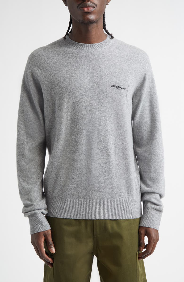 Givenchy Logo Embroidered Wool & Cashmere Crewneck Sweater, Main, color, Light Grey Melange