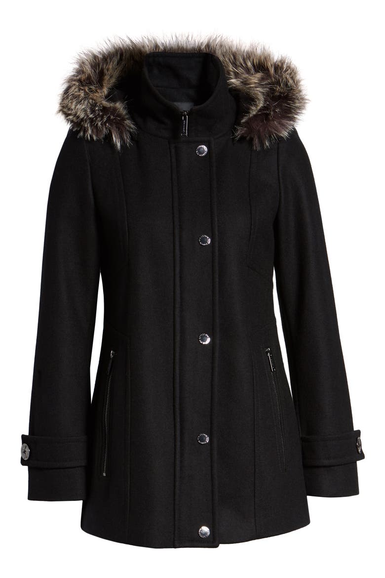 Faux Fur Hooded Wool Car Coat, Alternate, color, BLACK