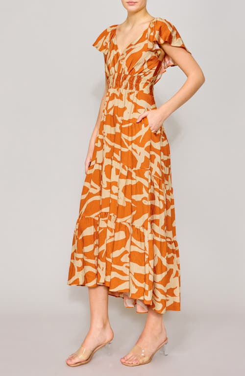 Melloday Printed Smocked Waist Maxi Sundress In Orange Ivory