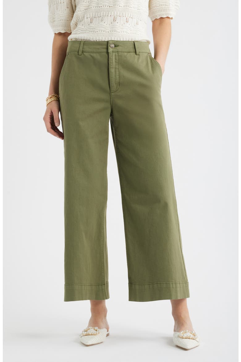 Wide Leg Cotton Stretch Twill Ankle Pants, Main, color, GREEN SORREL